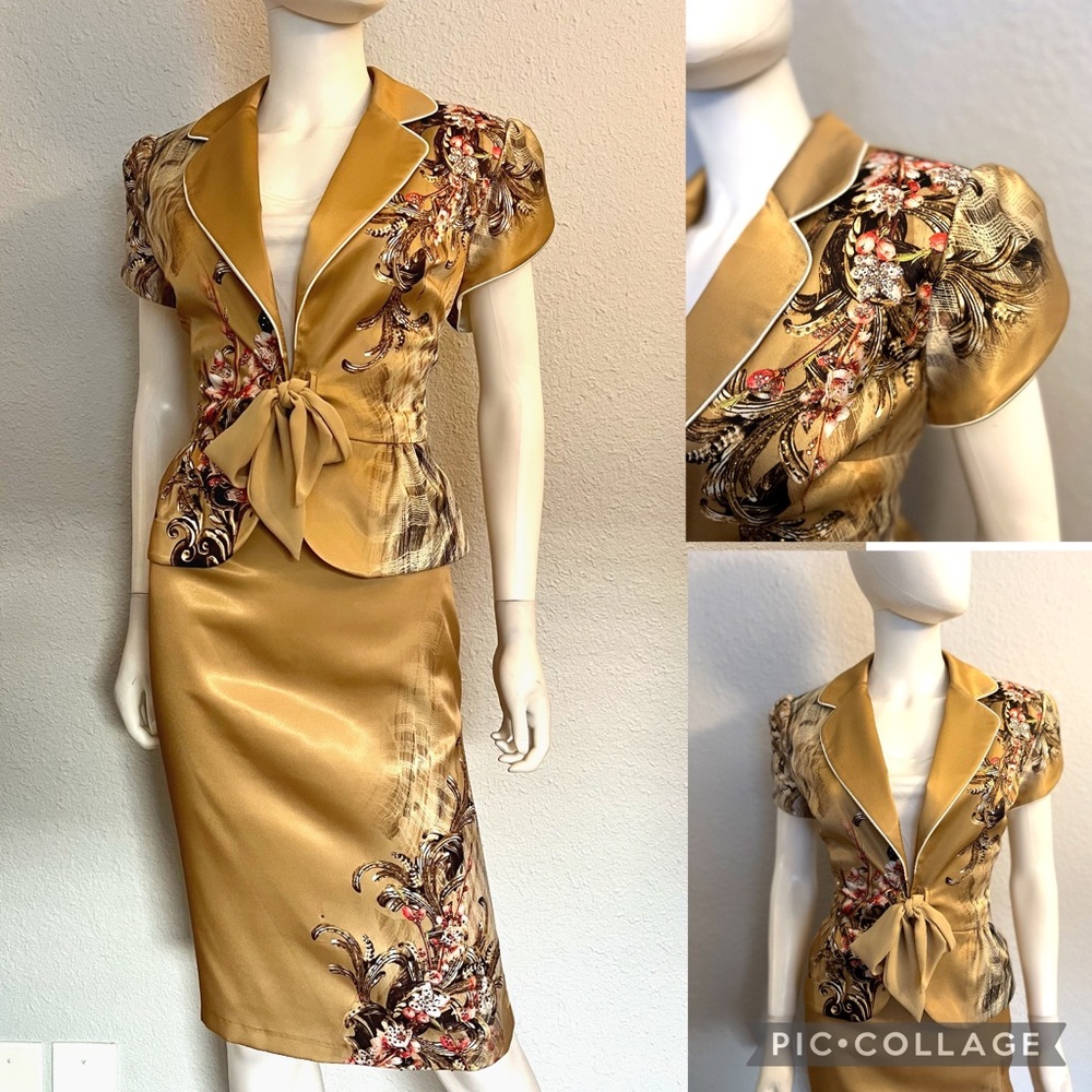 SALE🔥WOMEN SATIN SKIRT SUIT SET BLAZER/SKIRT/TOP FLORAL PRINT TIE FRONT FORMAL‎
